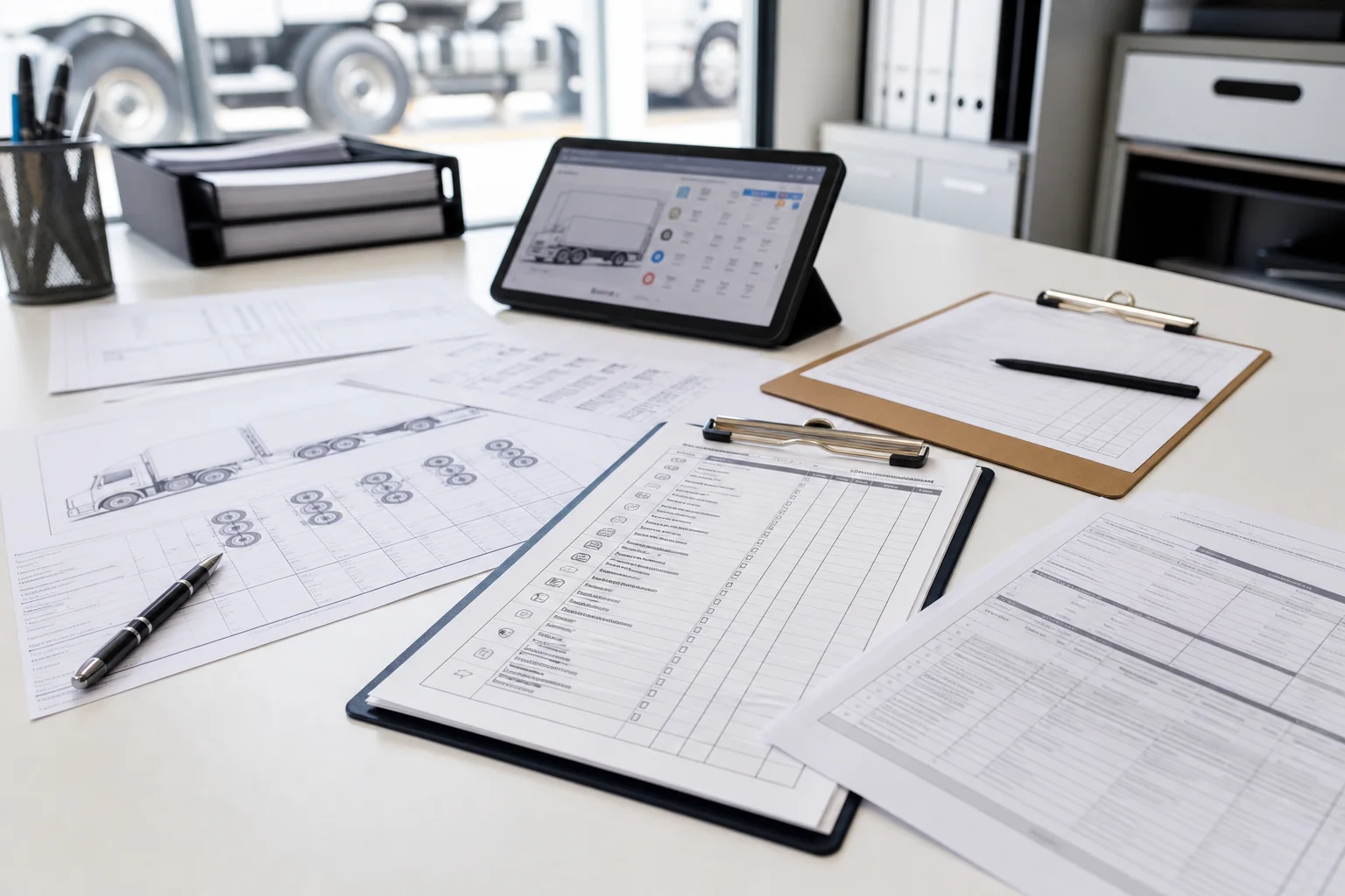 Service desk with truck maintenance manuals and inspection forms