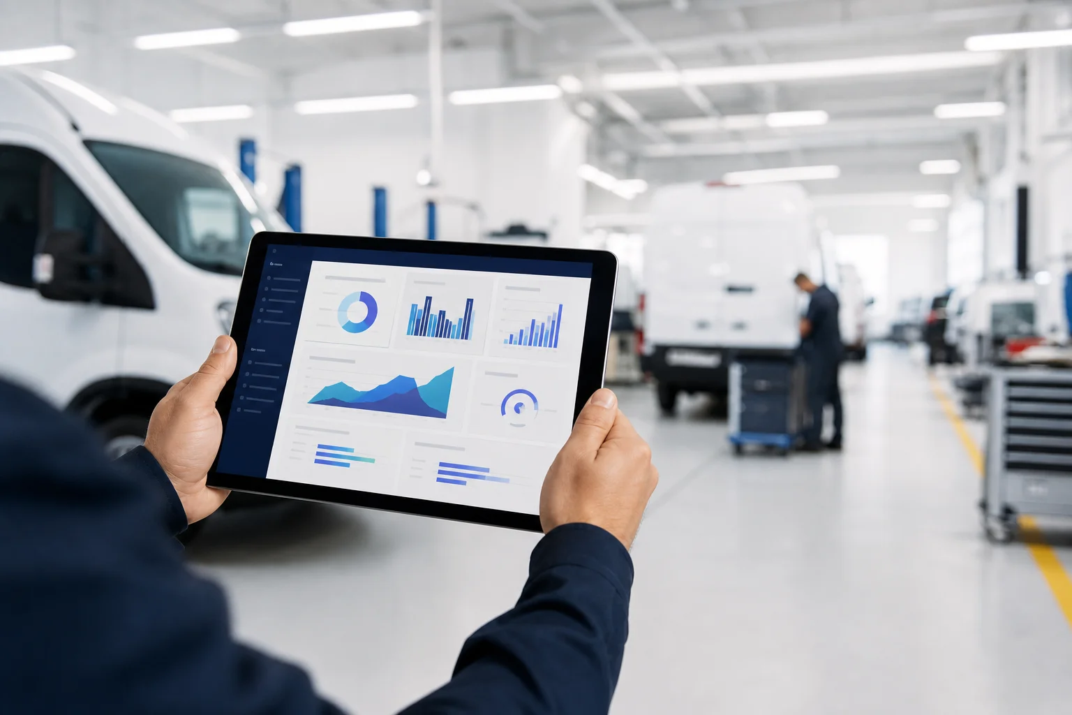 Tablet showing fluid level and tire inspection reference tables
