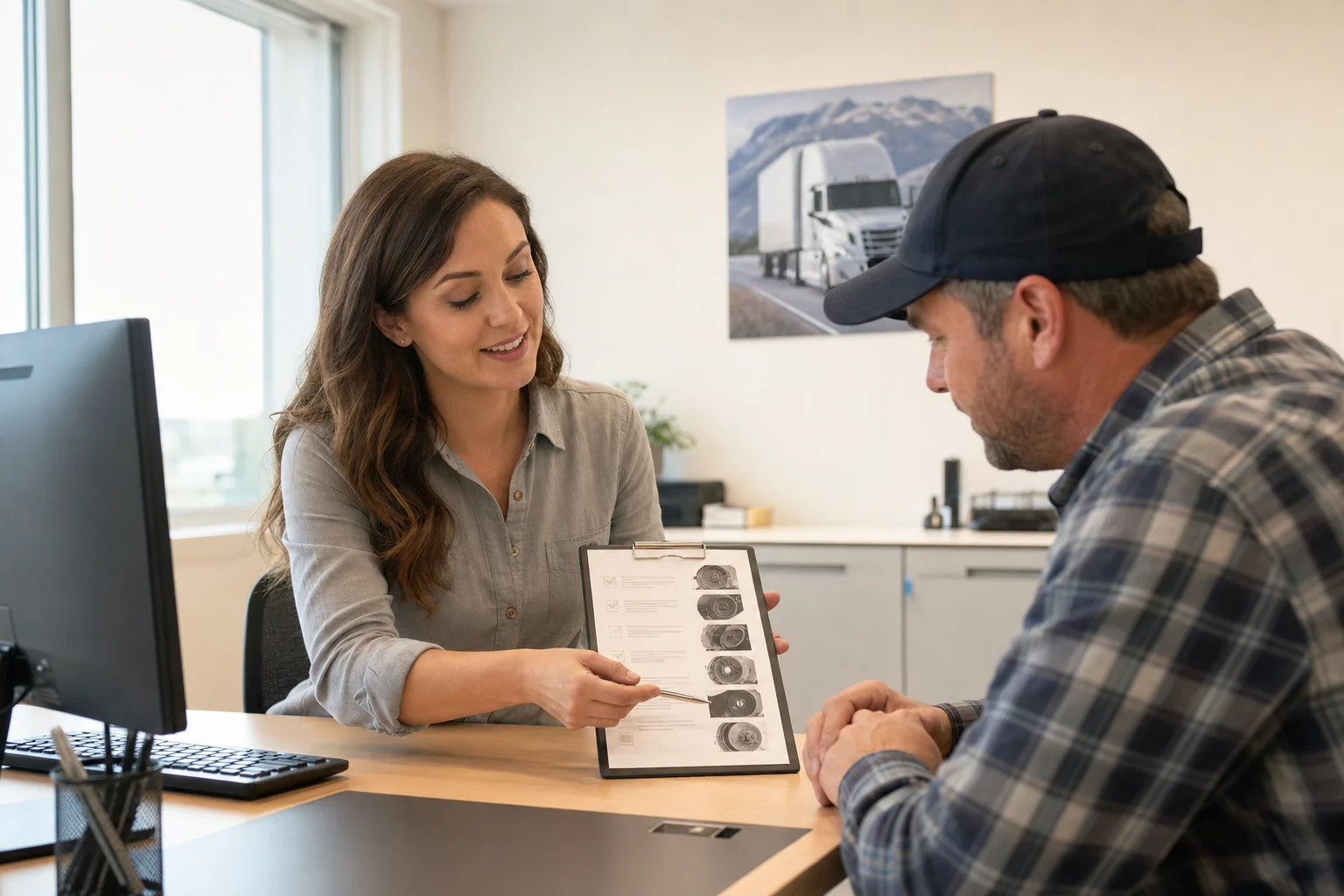 Technician reviewing brake and tire inspection notes beside a long-haul truck